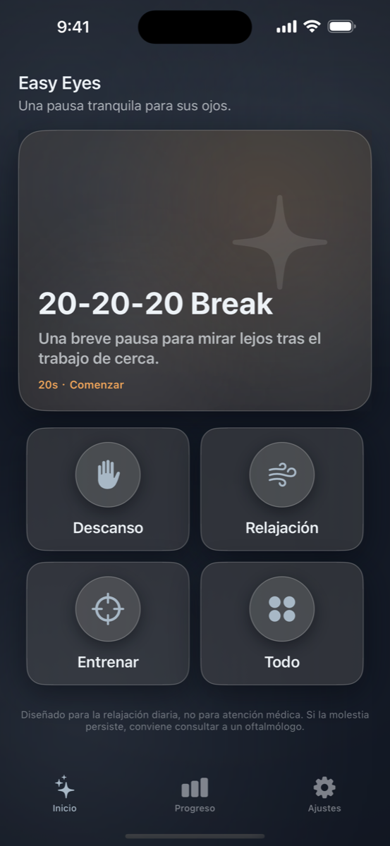 Pantalla de inicio de Easy Eyes recomendando la pausa ocular adecuada para el momento