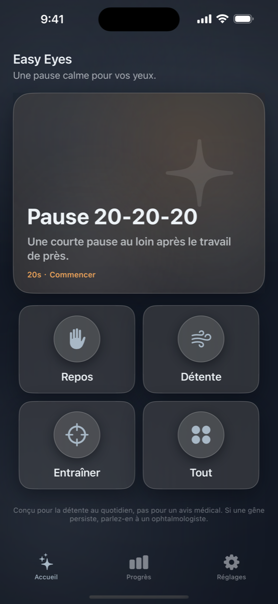 Écran d’accueil d’Easy Eyes recommandant la pause pour les yeux adaptée au moment