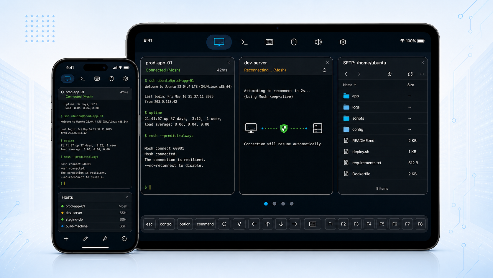 SharkTTY promotional image showing SSH, Mosh keep-alive reconnect, host management, and SFTP file browsing on iPhone and iPad