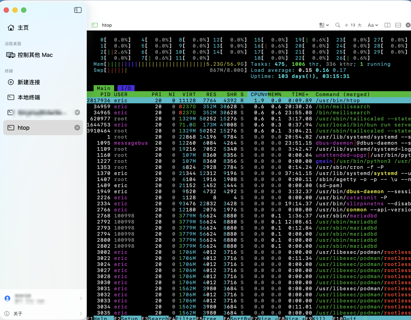 SharkTTY Desk's built-in SSH terminal running htop over a keep-alive connection